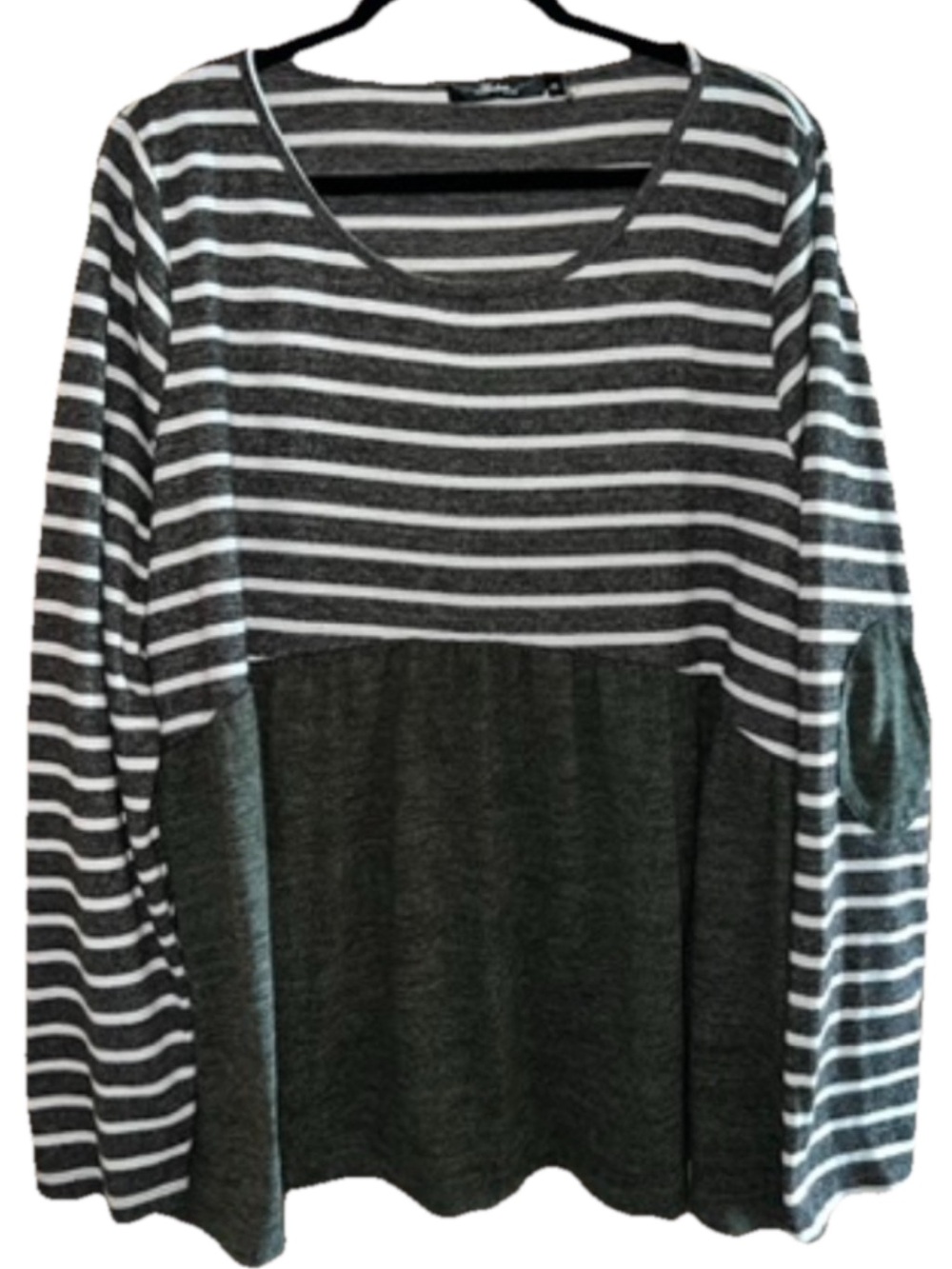 Andree by Unit Striped Mixed Media Babydoll Tunic Top Elbow Patches 1X